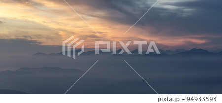 Canadian Mountain Landscape on the West Coast of Pacific Ocean. Dramatic Sunset and Hazy Smoky Sky Canadian Mountain Landscape on the West Coast of Pacific Ocean. Dramatic Sunset and Hazy Smoky Sky 94933593