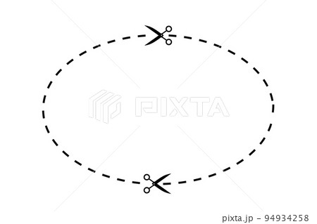 点線に沿ってハサミで紙を切るイメージ。切り取り線。カットライン。 点線に沿ってハサミで紙を切るイメージ。切り取り線。カットライン。 94934258