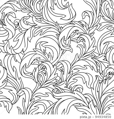 Decorative floral seamless pattern in baroque style. Engraved black curling plant. 94934850