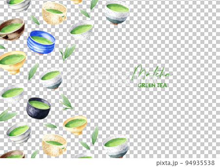 Card design with matcha bowls. Hand drawn elements of japanese green tea, leaves and cups. Background for packaging, wrapping paper, menu design. Watercolor illustration of asian drinks. Card design with matcha bowls. Hand drawn elements of japanese green tea, leaves and cups. Background for packaging, wrapping paper, menu design. Watercolor illustration of asian drinks. 94935538