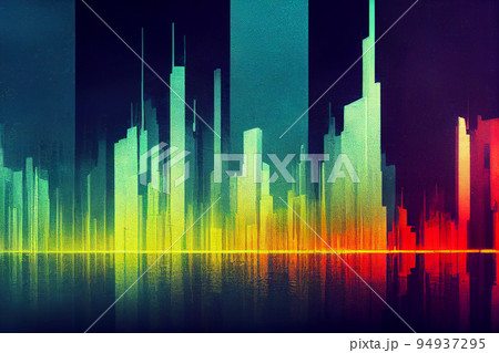 Cityscape. Glitch colorful metropolitan scenery. Abstract modern cityscape background. Skyscrapers 94937295