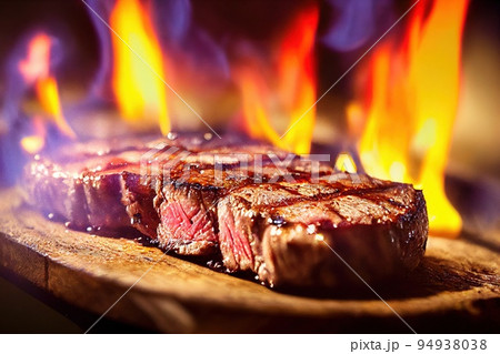 Grilled steak minion over big fire flame selective focus. Closeup beefsteak medallion grilling. Medium rare red meat tenderloin recipe. Barbeque culinary, roasted food preparation 94938038