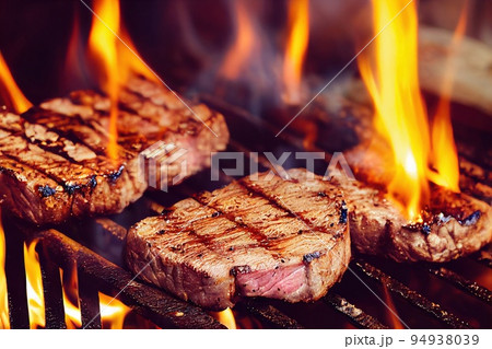 Grilled steak on BBQ grill with flaming charcoal. Barbeque meat cooking on grid with glowing fire. Beefsteak medallion preparation. Barbecued beefsteak roasting on broil. Selective focus 94938039