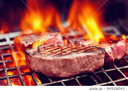 Sirloin steak slice grilling on flame. Barbecue grill for meat cooking. Beefsteak in forks of flame blurred effect selective focus closeup. Roasted beefsteak. Cookout restaurant menu, bbq picnic 94938041
