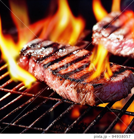 Medium rare steak sirloin heat on grill. Tenderloin preparation on open fire. Beefsteak appetizer cooking. Red meal with salt barbequing. Dinner lunch portion. Cookout food. Shallow depth of field Medium rare steak sirloin heat on grill. Tenderloin preparation on open fire. Beefsteak appetizer cooking. Red meal with salt barbequing. Dinner lunch portion. Cookout food. Shallow depth of field 94938057