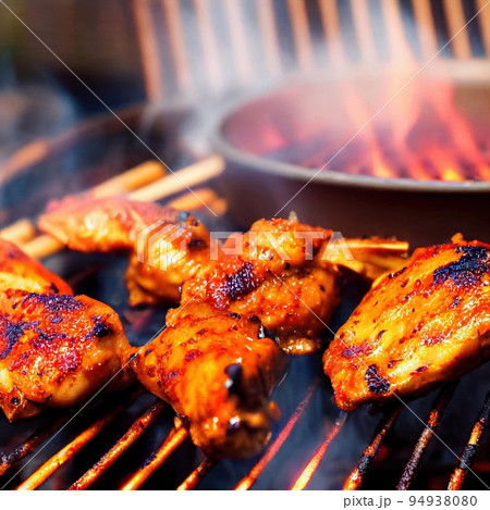 Barbecue chicken preparation closeup. Wing and leg of chicks grilling on burning fire. Grilled poultry steaming on grid selective focus. Roasted meat for outdoor picnic Barbecue chicken preparation closeup. Wing and leg of chicks grilling on burning fire. Grilled poultry steaming on grid selective focus. Roasted meat for outdoor picnic 94938080