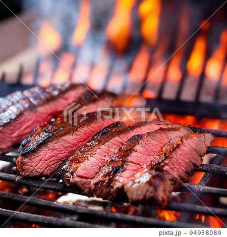 Flank steak cooking on grill with fire flames. Tasty beefsteak prepared on grid. Medium rare beef steak closeup. Grilling meal for barbeque party. Selective focus, shallow depth of field 94938089