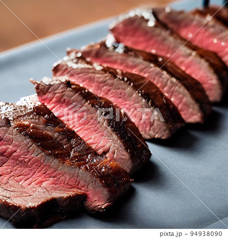 Sliced medium rare flank steak with crispy skin closeup. Grilled beef steak on dark stone board. Marinated roasted meat. Barbeque menu. Selective focus, shallow depth of field 94938090