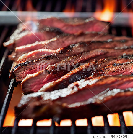 Closeup steaming flank steak on barbeque grill. Roasted beefsteak on grid. Smoked barbecued beef sirloin. Barbeque and cookout on fire flame. Selective focus, shallow depth of field 94938099