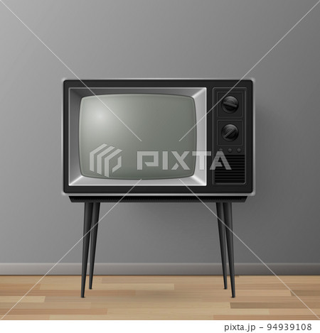 Vector 3d Realistic Retro TV Receiver on a Wooden Table Stand. Home Interior Design Concept. Vintage TV Set on the Wooden Floor. Television, Front View 94939108