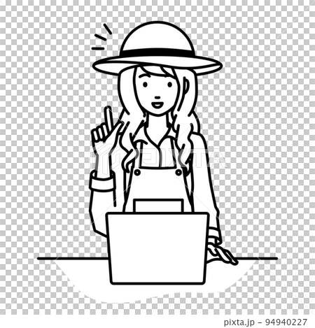 デスクで座ってPCを開いて何かひらめいた農家の女性 94940227