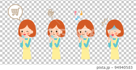 使用智能手機的年輕女子的面部表情集 使用智能手機的年輕女子的面部表情集 94940583