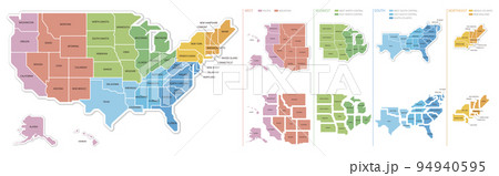 アメリカ合衆国の地図　4地域と9地区の色分け　州名入り