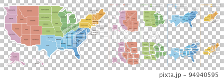 アメリカ合衆国の地図　4地域と9地区の色分け　州名入り 94940595
