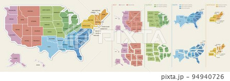 アメリカ合衆国の地図　4地域と9地区の色分け　州名入り 94940726