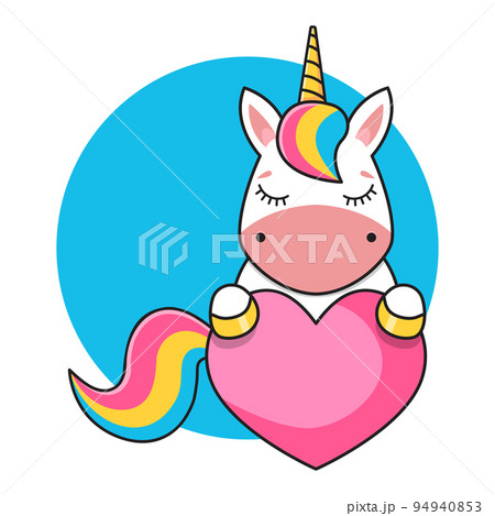 Cute cartoon unicorn sticker. The unicorn is holding a red heart. Baby vector illustration 94940853