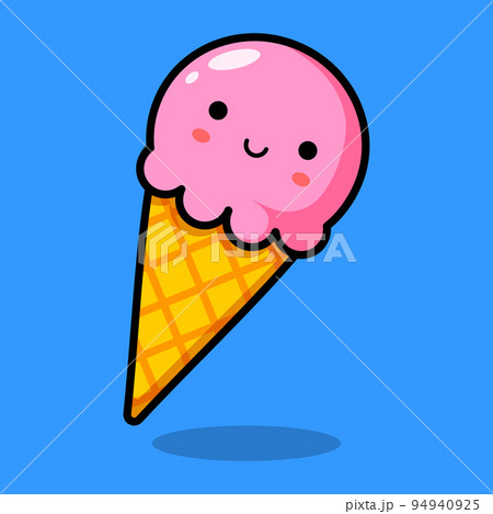 Kawaii pink ice cream in a yellow waffle cup. Smiling food. Vector illustration. Kawaii pink ice cream in a yellow waffle cup. Smiling food. Vector illustration. 94940925