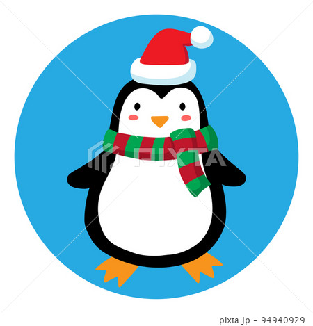 Cartoon penguin in a scarf and hat. A penguin in a red-green scarf and a Santa hat. Winter christmas illustration. Children's print. Vector illustration 94940929