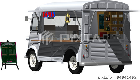 祭やオフィス街のシトロエン、テイクアウト移動販売車キッチンカー。背景透明画像イラスト 祭やオフィス街のシトロエン、テイクアウト移動販売車キッチンカー。背景透明画像イラスト 94941495