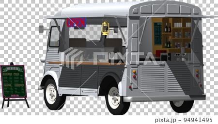 祭やオフィス街のシトロエン、テイクアウト移動販売車キッチンカー。背景透明画像イラスト 祭やオフィス街のシトロエン、テイクアウト移動販売車キッチンカー。背景透明画像イラスト 94941495