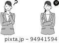 わからない・困った顔の女性会社員（モノクロ） 94941594
