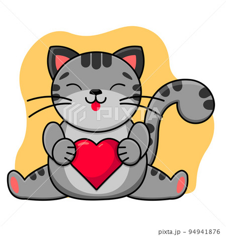 A gray smiling cat holds a red heart in its paws. Childrens print. Vector illustration A gray smiling cat holds a red heart in its paws. Childrens print. Vector illustration 94941876