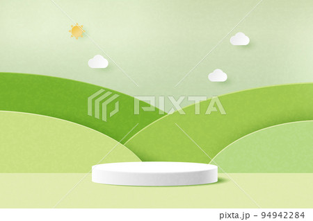 3d Paper cut abstract minimal geometric shape template background.White cylinder podium on green nature mountains landscape.Vector illustration. 3d Paper cut abstract minimal geometric shape template background.White cylinder podium on green nature mountains landscape.Vector illustration. 94942284