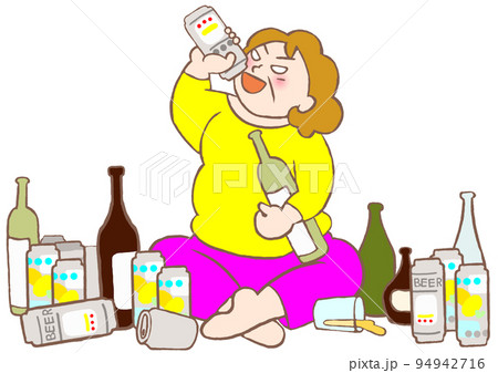 酒のビンや缶に囲まれながら大量飲酒するアルコール依存症の女性のイラスト 酒のビンや缶に囲まれながら大量飲酒するアルコール依存症の女性のイラスト 94942716