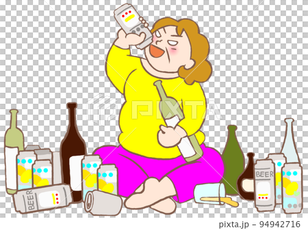 一個酗酒的女人被酒瓶和罐頭包圍時大量飲酒的插圖 94942716