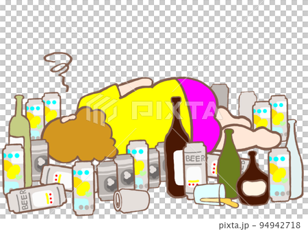 Illustration of an alcoholic woman lying down after drinking a lot and feeling sick 94942718