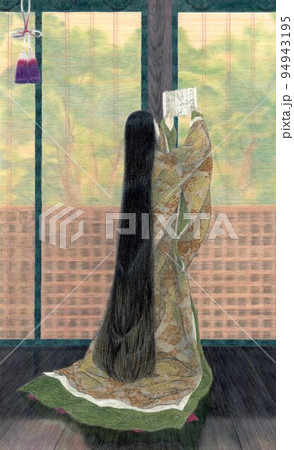 手紙を読む平安時代の女性の後ろ姿 94943195