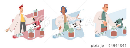 Scientist examining plant species using laboratory microscope. Eco friendly technology research 94944345