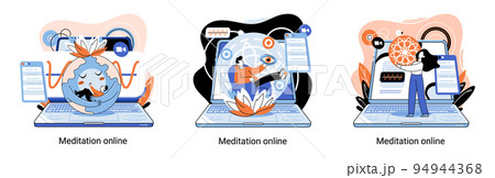Meditation online metaphor. Practicing yoga, mental exercises. Wellness practice to restore peace of mind Meditation online metaphor. Practicing yoga, mental exercises. Wellness practice to restore peace of mind 94944368