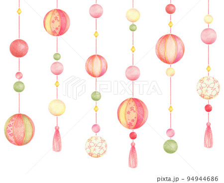 吊るし手毬の飾りのシームレス　手描き色鉛筆画 94944686