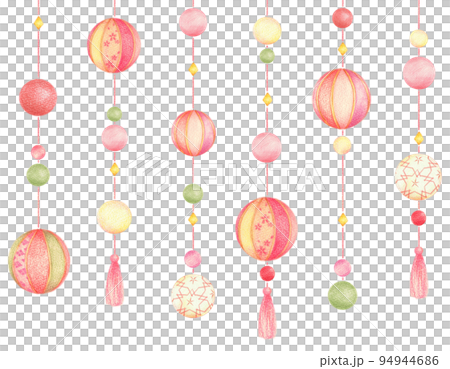 吊るし手毬の飾りのシームレス　手描き色鉛筆画 94944686