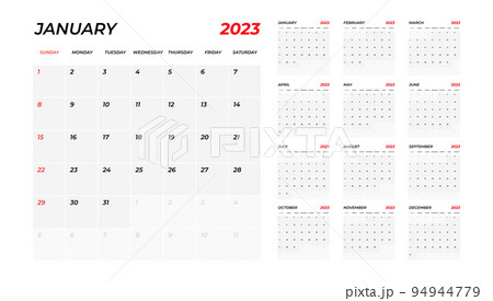 2023 Calendar. The week starts on Sunday. Annual calendar 2023 template. 94944779