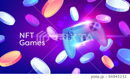 NFT Games Console. Game controller with Tokens crypto currency on purple background. 94945232