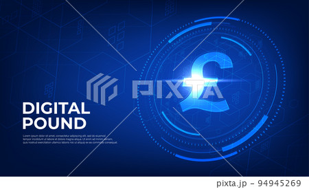 Digital Pound currency sign, CBDC currency futuristic digital money. Digital Pound currency sign, CBDC currency futuristic digital money. 94945269
