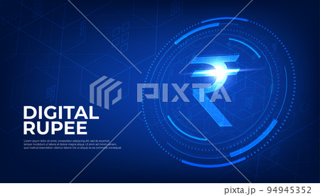 Digital Rupee currency sign, CBDC currency futuristic digital money. Digital Rupee currency sign, CBDC currency futuristic digital money. 94945352