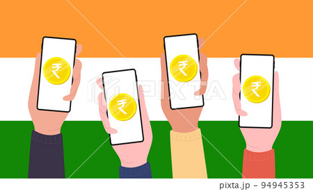 Digital Rupee Coins on mobile screen of people, CBDC currency futuristic digital money. 94945353
