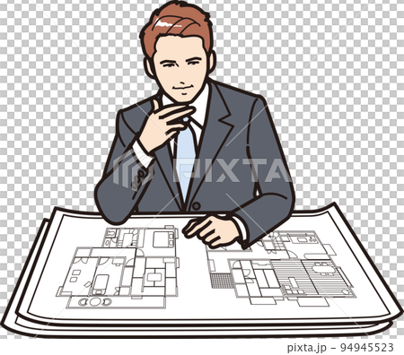 Businessman thinking by looking at drawings Businessman thinking by looking at drawings 94945523