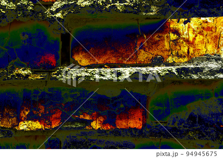 Neon fire orange yellow destroyed gray brick wall 94945675
