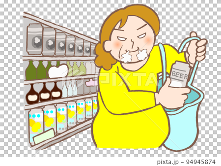 Illustration of an alcoholic middle-aged woman who shoplifts canned beer because she can't control her desire to drink at a liquor store 94945874