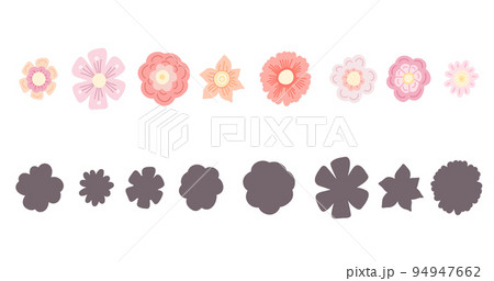 Find the correct shadow. Vector children educational game. Find right black silhouette for flowers. Cartoon naive flower in pastel colors. 94947662