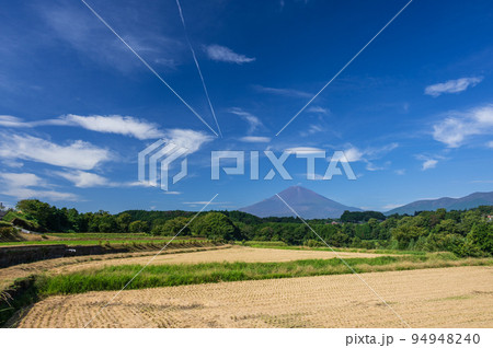 収穫を終えた田んぼと富士山　竹之下の原風景 94948240