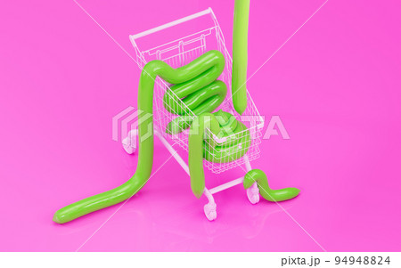 Green cartoon poop is in shopping cart. 3d render, 3d trendy illustration. 94948824
