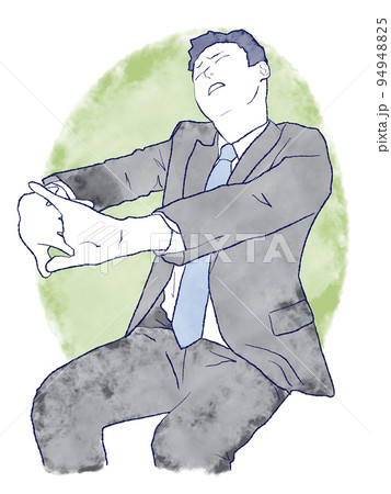 疲れたアジア人ビジネスマンの手描きイラスト　肩こり　水彩　スーツ　ストレッチ　うんざり　ぐったり 94948825