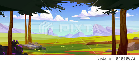 Summer scene with meadow, trees and mountains 94949672