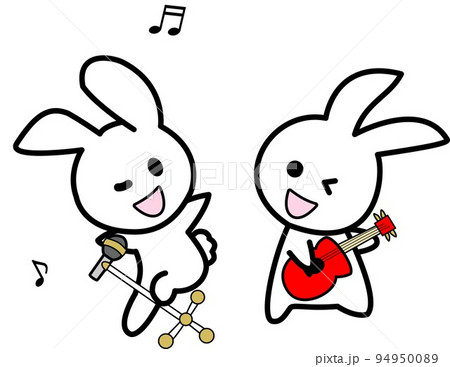 シンプルでカッコかわいいロックな歌うボーカルと赤いエレキギターの2匹のうさぎのイラスト 94950089