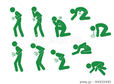 胃痛・腹痛でお腹を押さえる、うずくまる、倒れる等のポーズのピクトグラム 94950485